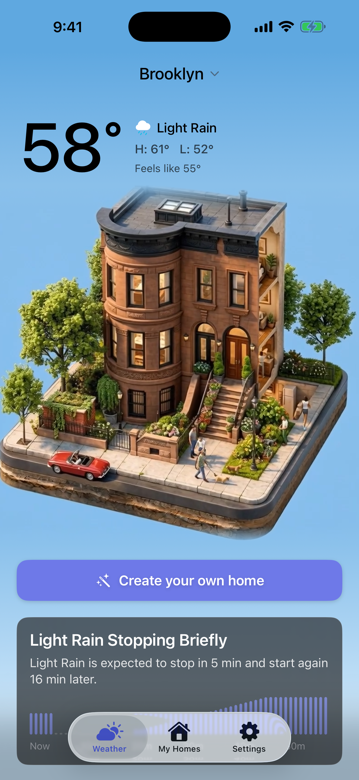 A Brooklyn brownstone as a 3D diorama on a sunny day inside Diorama Weather